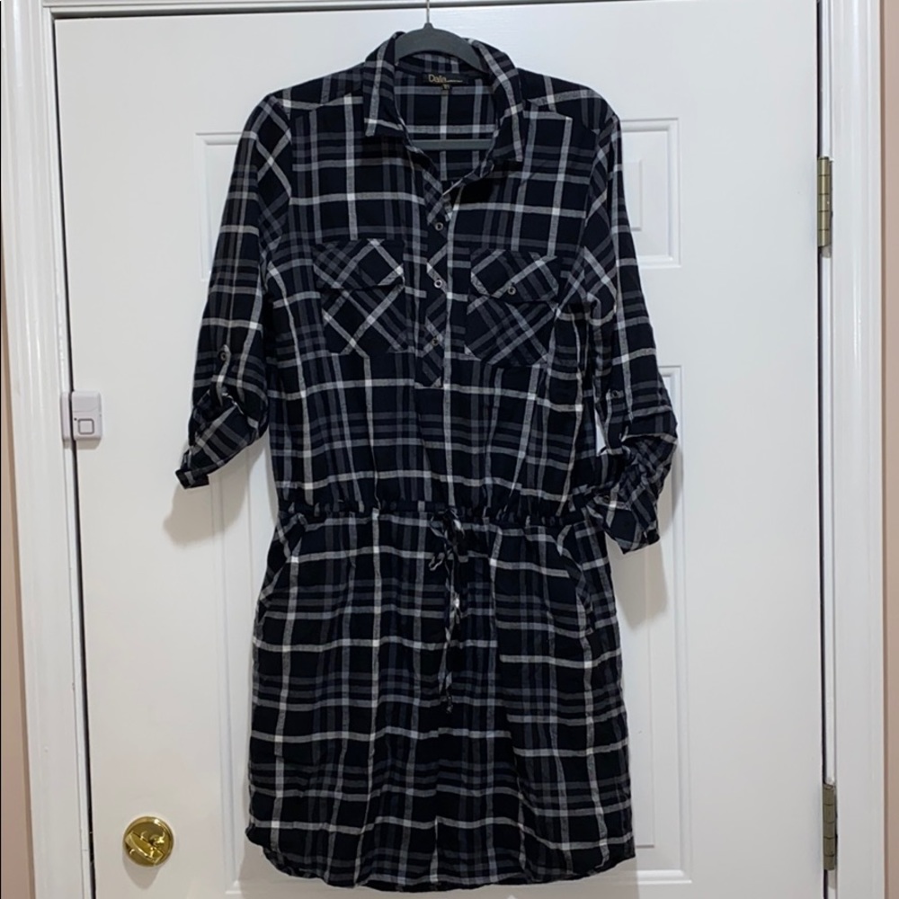 Dalia Plaid Black Tie Waist Half Button Dress